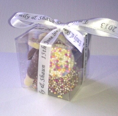 CUBE CHOC FAVOUR tied with white personalised ribbon