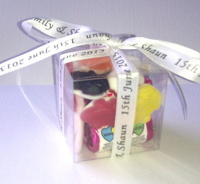 CUBE SWEETIE FAVOUR tied with white personalised ribbon