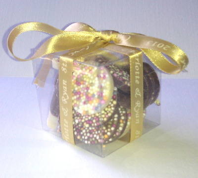 CUBE CHOC FAVOUR tied with gold personalised ribbon 