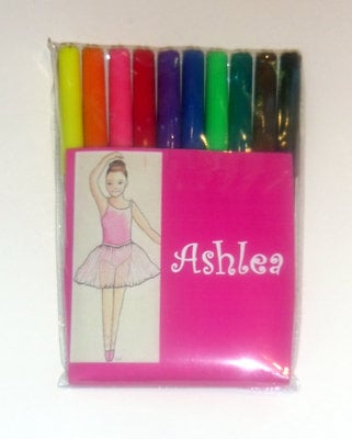 Pack of 10 childrens felt tip pens with BALLET personalised outer wrapper