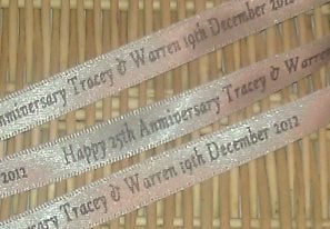 SILVER ANNIVERSARY PERSONALISED RIBBON (10 mm or 15 mm) per metre