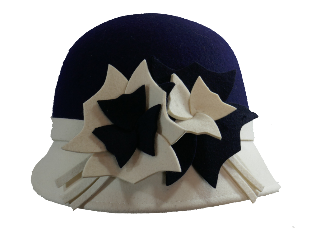 1920's style bi-colour cloche felt hat navy crown OS-359