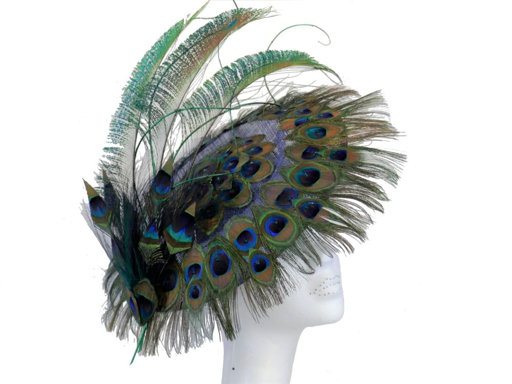 PEACOCK FEATHER DISC HAT handmade by Anna at The Beverley Hat Company