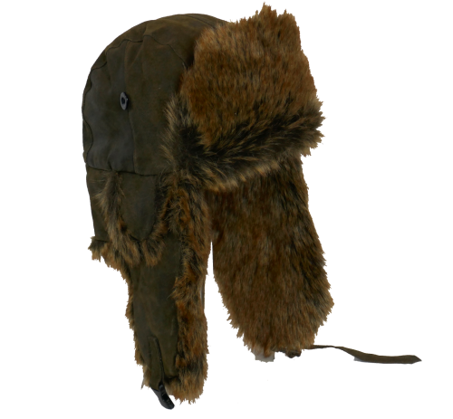 Unisex Real Leather Trapper with Faux Fur OLIVE