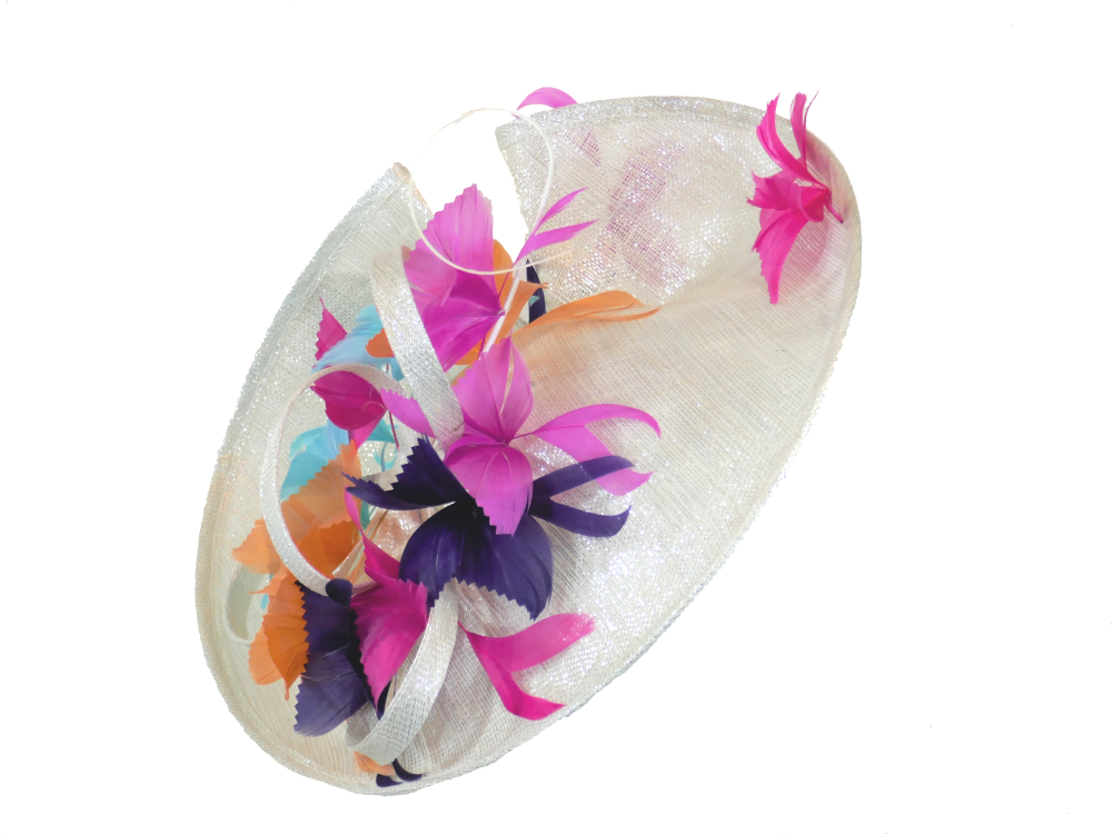 Silver lurex disc hat with aqua, orange, pink & purple feather butterflies 