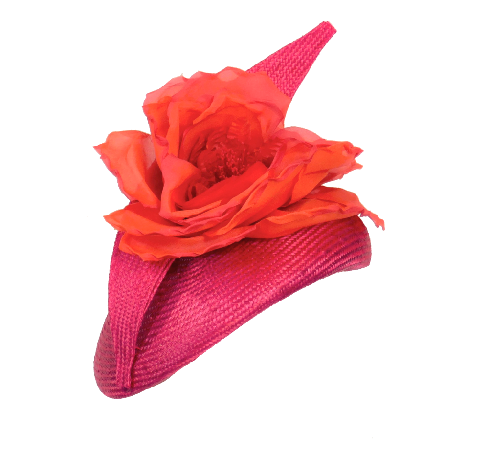 Hot pink pillbox hat with dramatic handmade orange silk rose by Whiteley 43