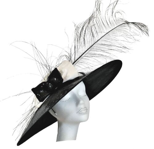 Ivory silk & Black sequin hat BM172