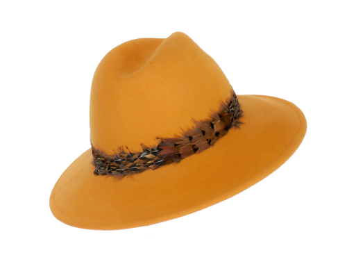 Mustard Yellow Suede felt Hat with Pheasant Feather band FM-9203