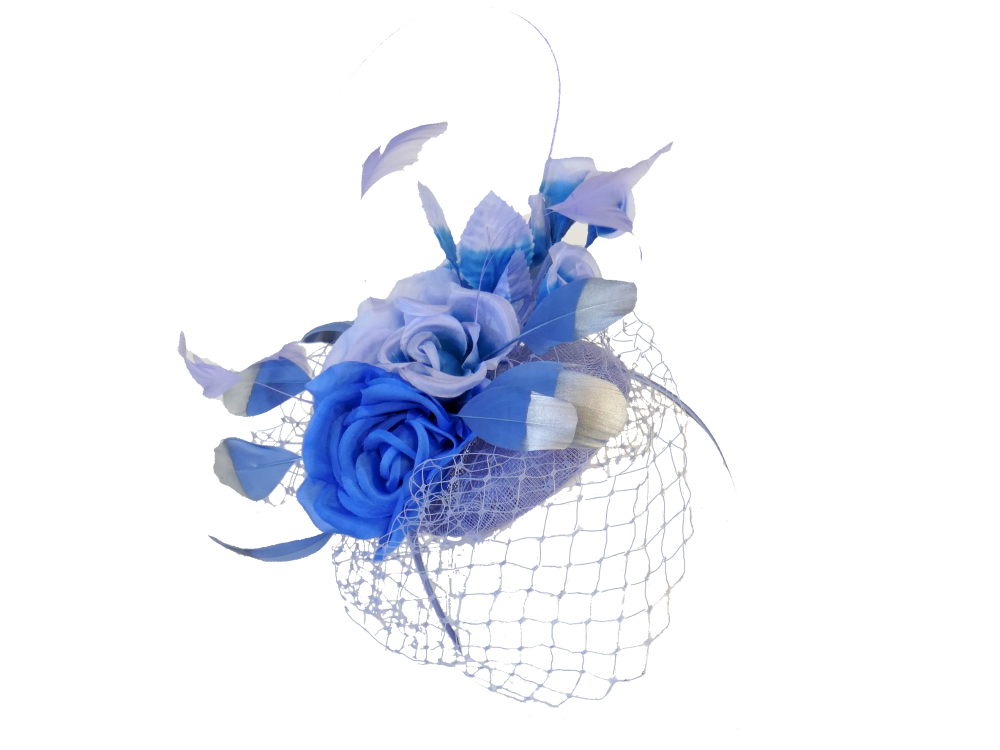 Blue button hat with silver tipped feathers & veiling EB20/776