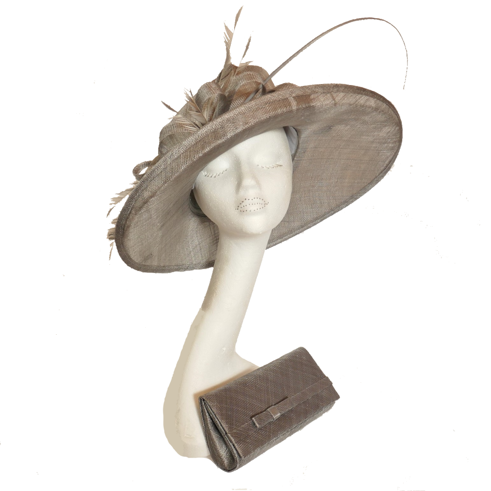Mercury mid grey sinamay hat with angled crown and matching clutch bag AH1