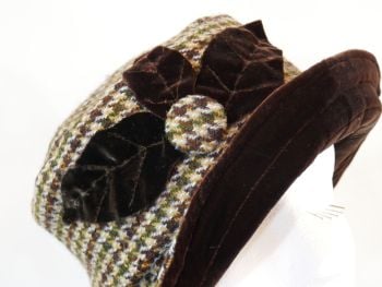 Handmade Houndstooth Harris Tweed & Brown Silk velvet hat Size S/M
