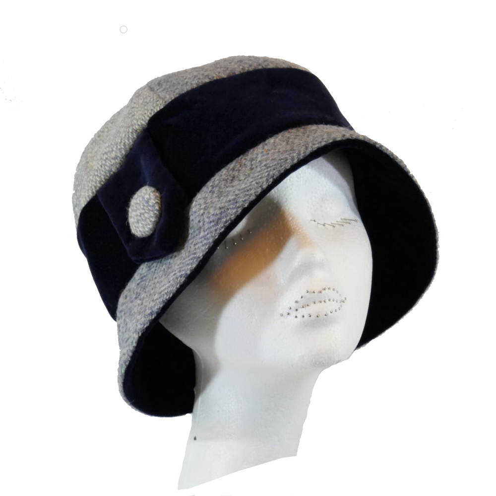 1920's style Handmade Blue/Grey Harris Tweed and Navy velvet 1920's Cloche  hat M/L