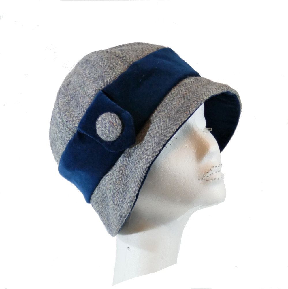 1920's style Handmade Blue/Grey Harris Tweed and Teal velvet Cloche hat S/M