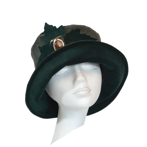 Handmade Donegal Tweed & Dark Green velvet hat with leaf trim Size S/M