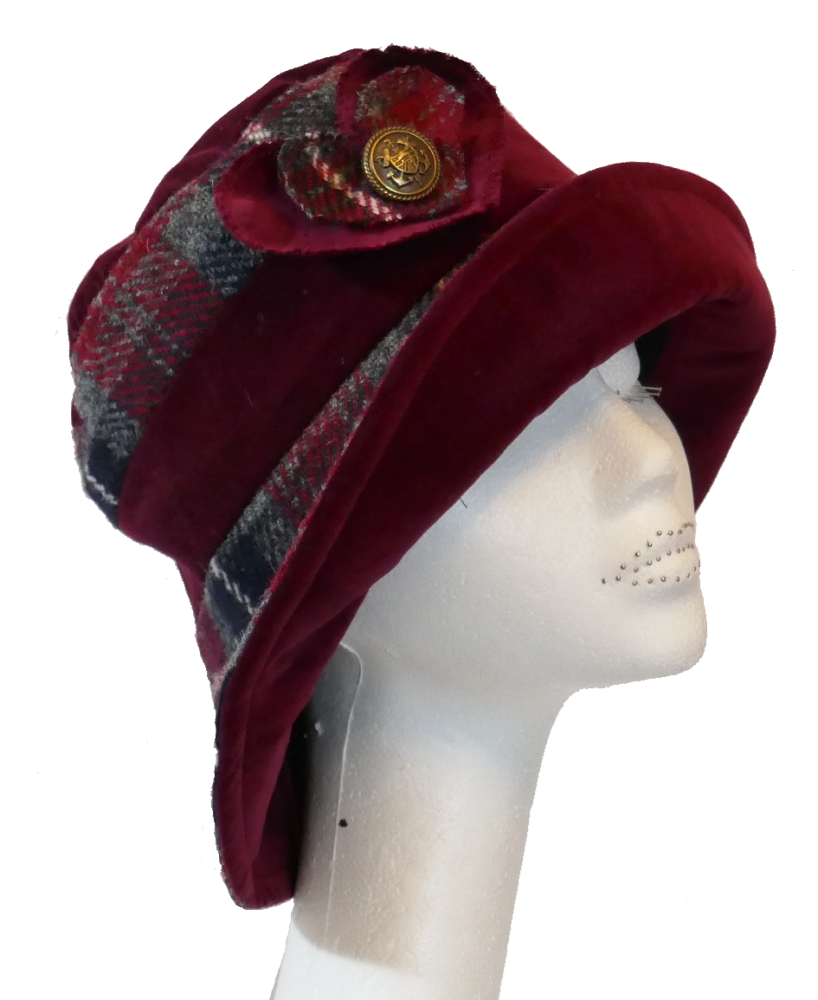 Handmade Harris Tweed & Red Wine velvet hat with heart trim Size M/L
