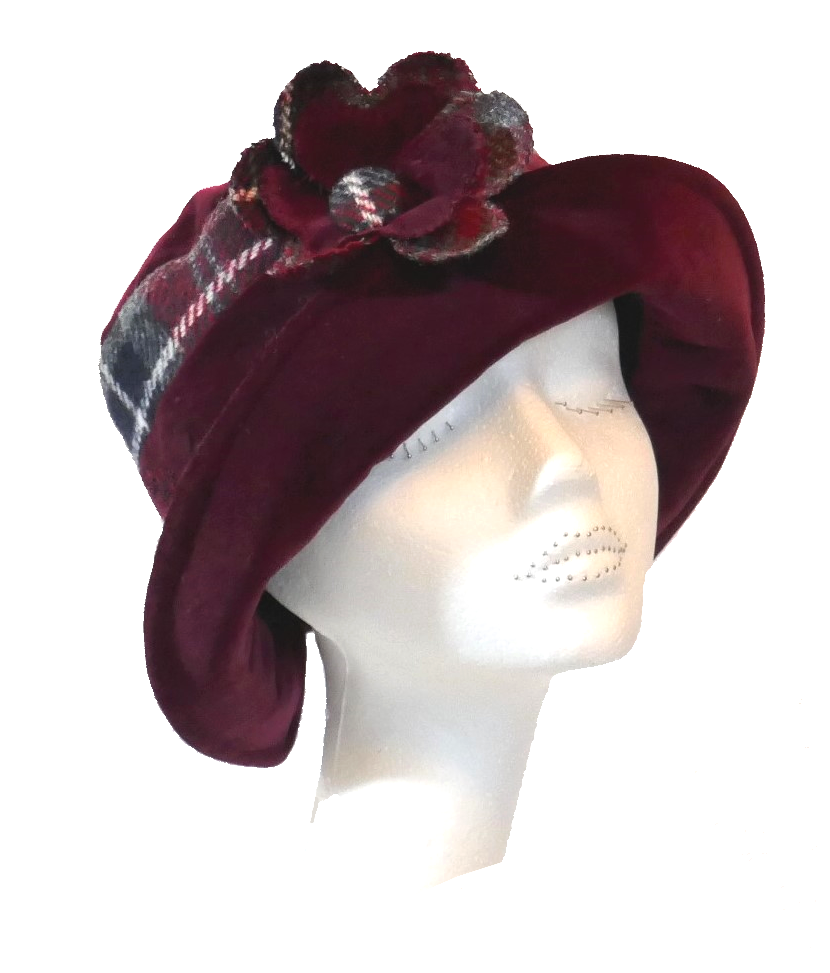 Handmade Harris Tweed & Red Wine velvet hat with flower trim Size S/M