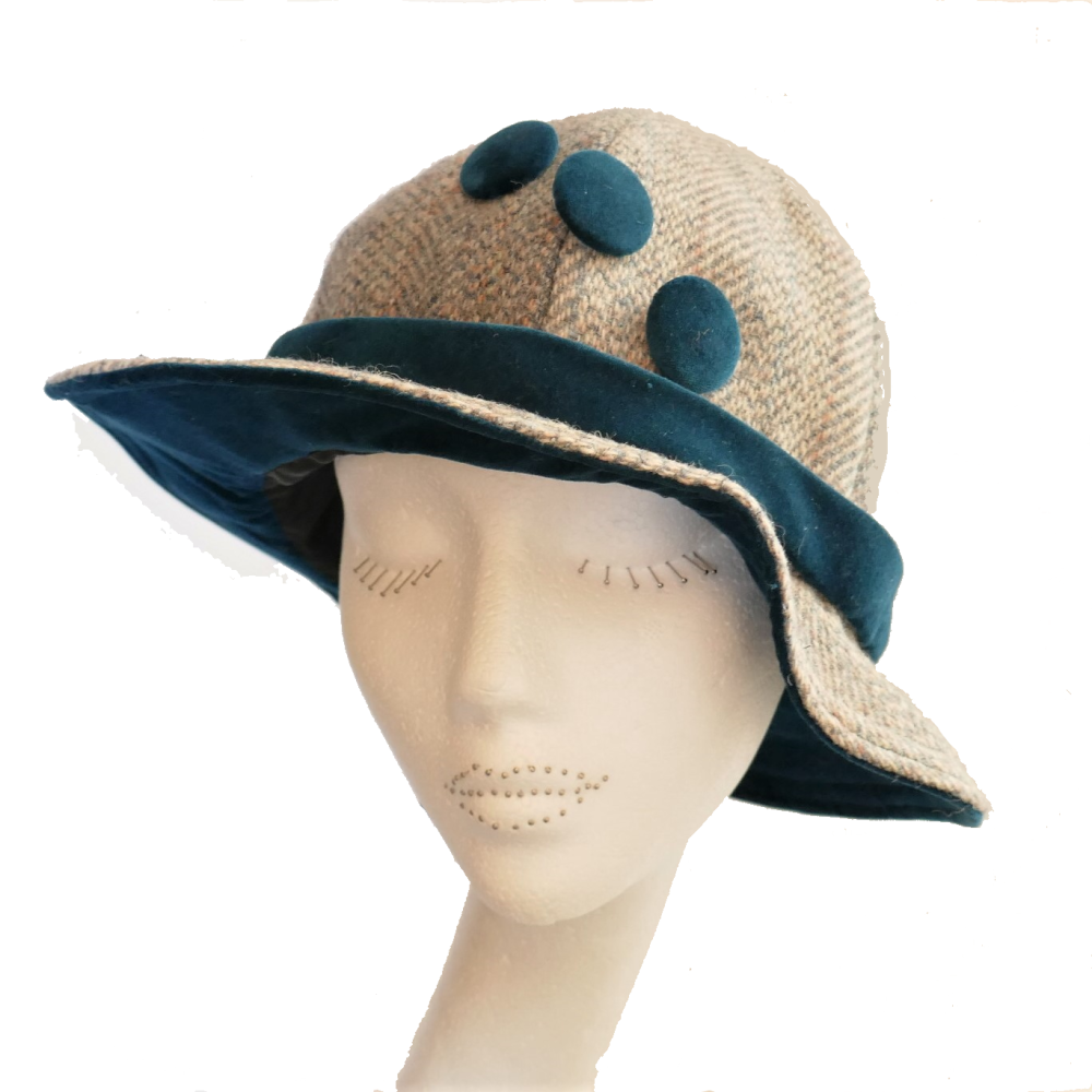 1920's style Handmade Harris Tweed and Teal velvet 1920's Cloche hat with b