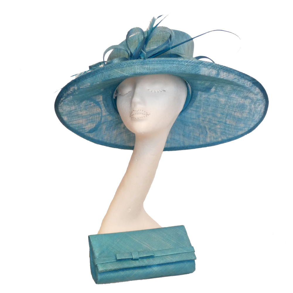 Turquoise sinamay hat with matching clutch bag AH1
