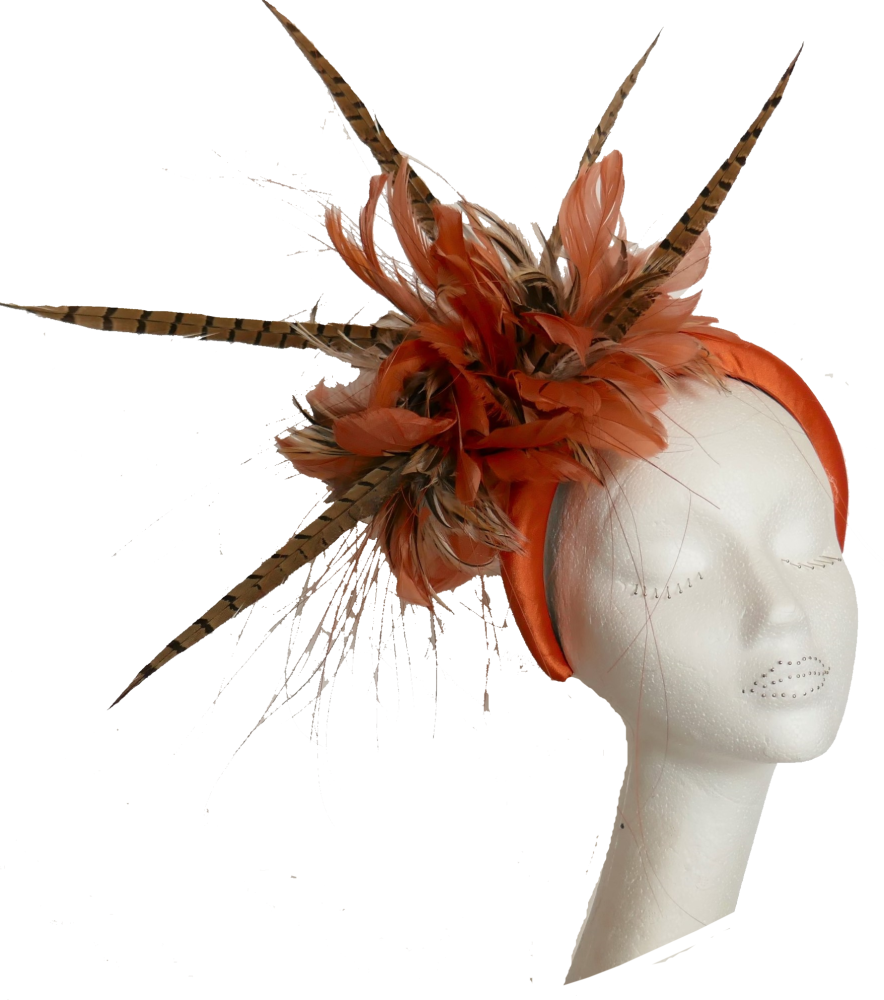Handmade by Anna at The Beverley Hat Company - Orange satin headband with Pheasant feathers