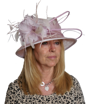 Pale Lilac Pink hat with feather trim JBM-195