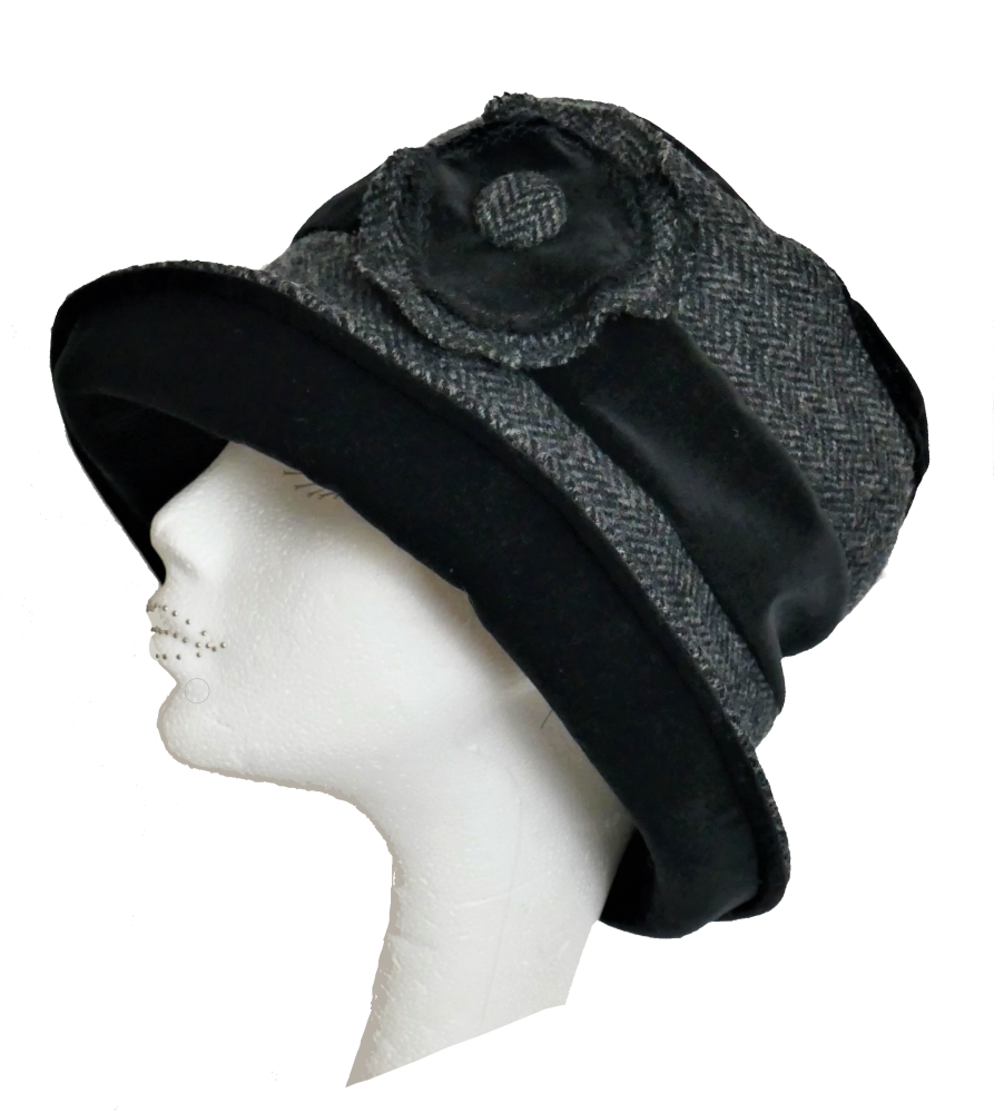 Handmade Harris Tweed & Black velvet hat with flower trim Size M/L