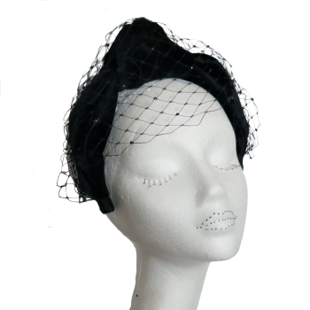 Black Velvet knotted headband with veiling & crystals FM-9617