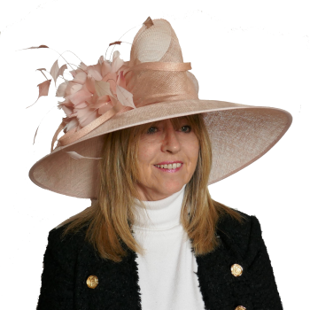 Large brim pink lurex hat with feather trim JB-084