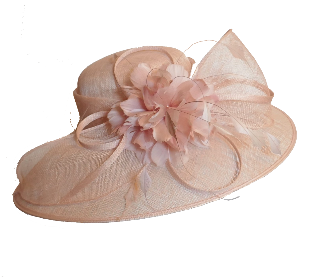 Large brim pink lurex hat with feather trim JB-084