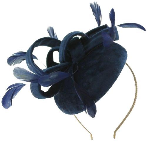 Navy Velvet pillbox hat with velvet curls & feathers FM-9613