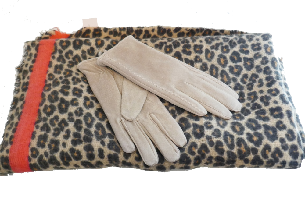 Animal Print Scarf and Suede Glove Set - Miss Sparrow