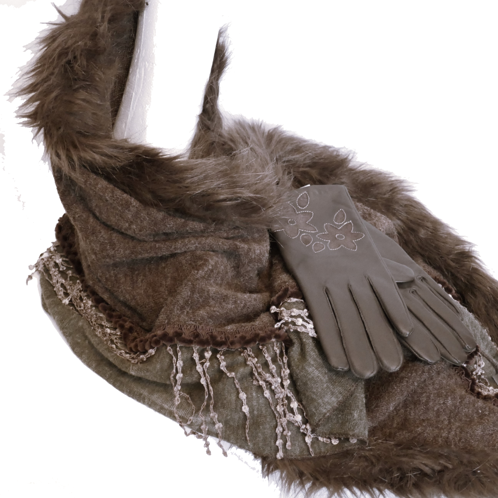 Fringed scarf and Leather Glove Set - BARRA