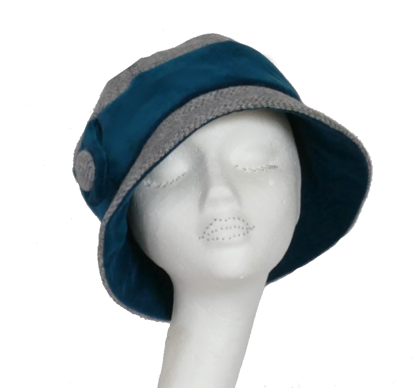 1920's style Teal Velvet Handmade Harris Tweed Cloche hat S/M
