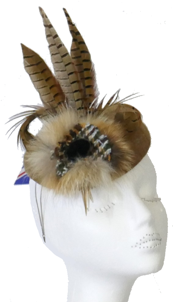 Tweed pill with pheasant feathers handmade by Anna at The Beverley Hat Co