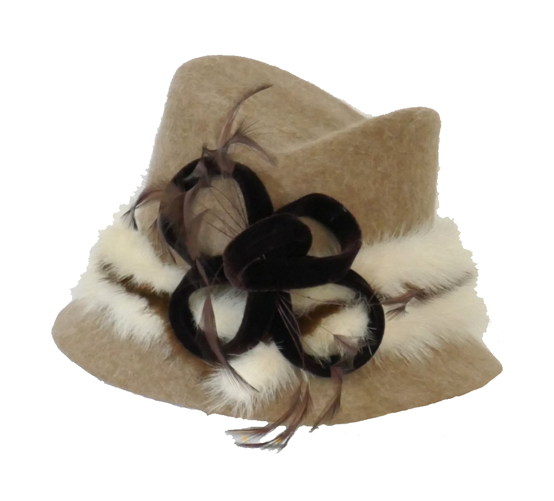 Camel Beige felt hat with choc velvet & fur trim ANN-021