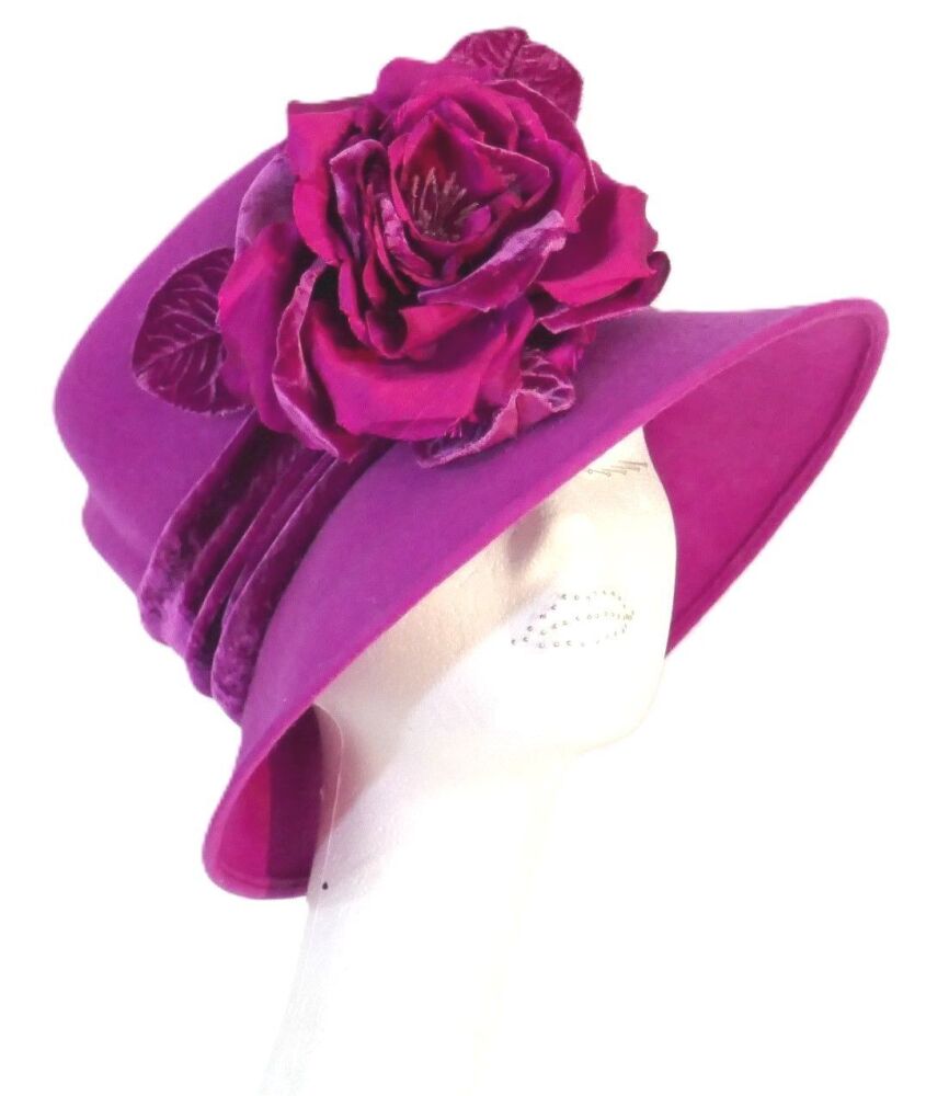 Deep Fushia Pink handmade felt hat with silk flower detail ANN-700