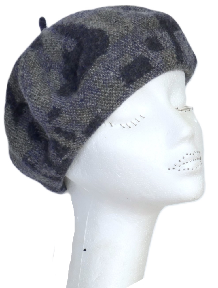 100% Pure new wool beret geometric pattern blues/navy  OS-150