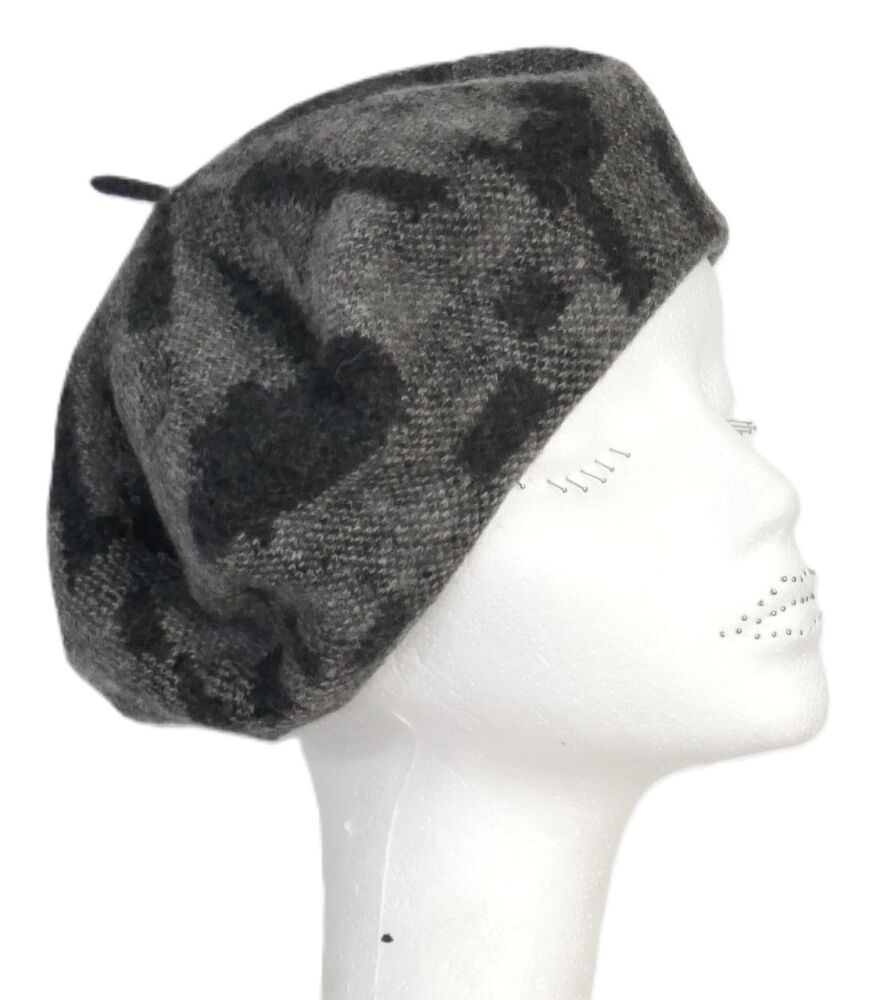 100% Pure new wool beret geometric pattern greys/charcoal  OS-150