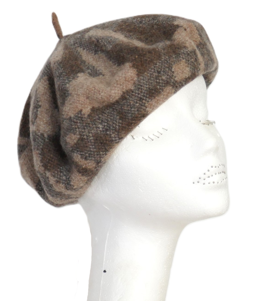 100% Pure new wool beret geometric pattern camel/beige & chocolate brown  OS-150