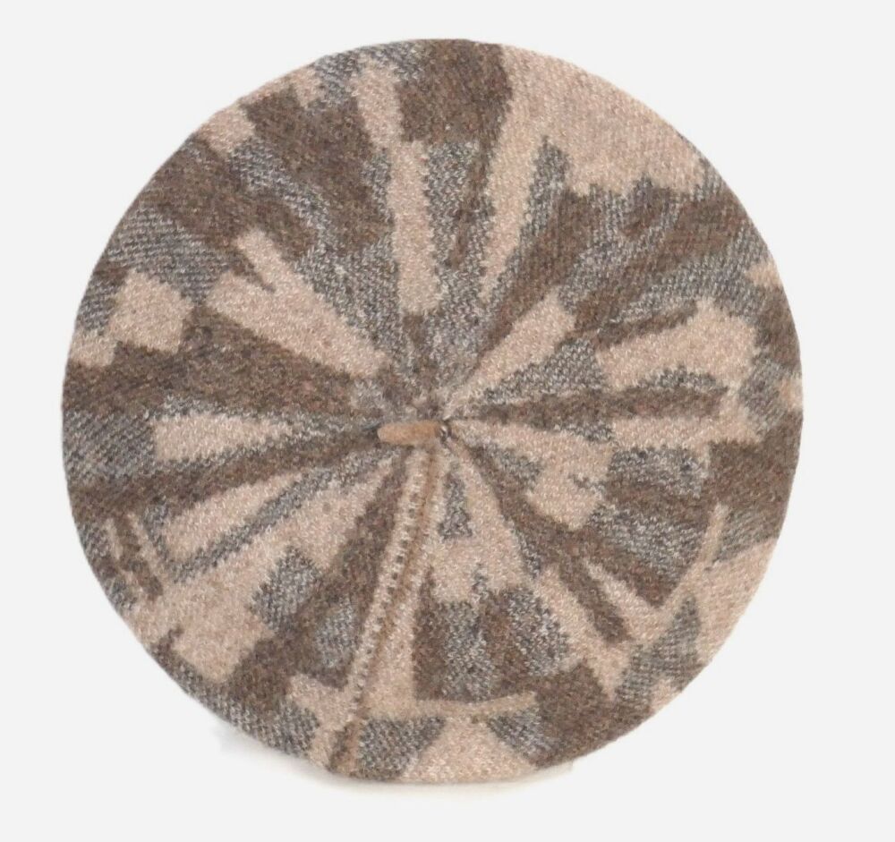 100% Pure new wool beret geometric pattern camel/beige & chocolate brown  O