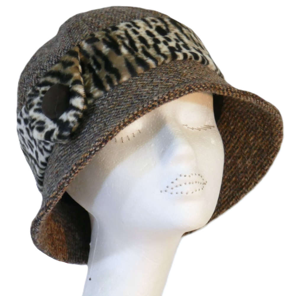 1920's style Leopard Velvet Handmade Harris Tweed Cloche hat S/M