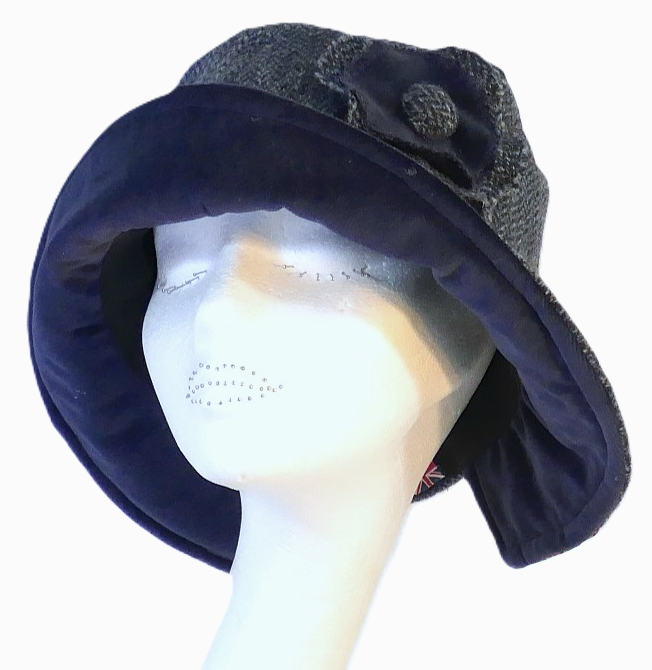 Handmade Harris Tweed & Navy Blue velvet hat  Size M/L