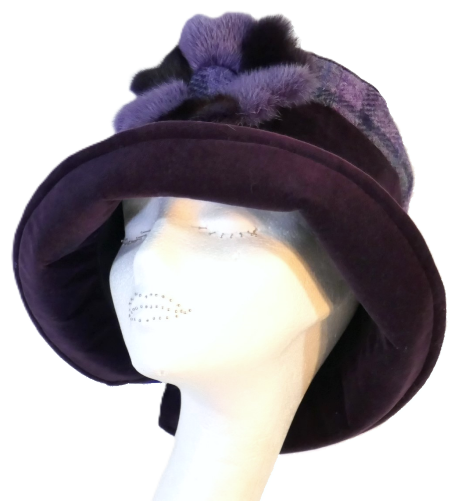 Handmade Harris Tweed & Royal Purple velvet hat with fur flower trim Size S/M