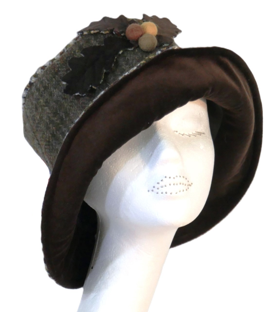 Handmade Brown Tweed & Chocolate velvet hat with acorn trim Size M/L