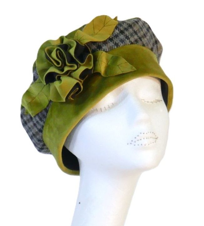 Handmade Lime velvet and grey tweed beret ANN-TVB Size- S