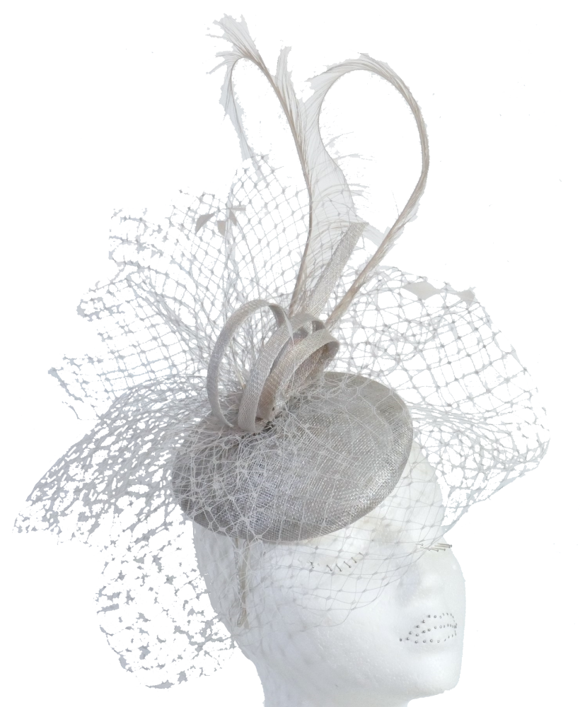 Peter Bettley designer Metallic silver Pill Box with veiling & curled feath