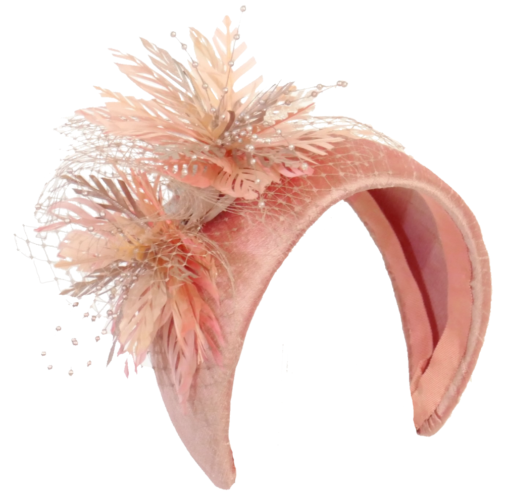 Handmade headband in Coral Silk with cut feathers in silver & coral with be