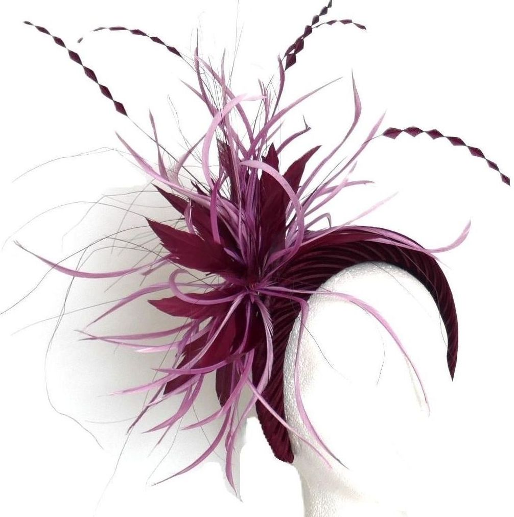 Burgundy Velvet Headband with Burgundy wine and deep pink Feather detail