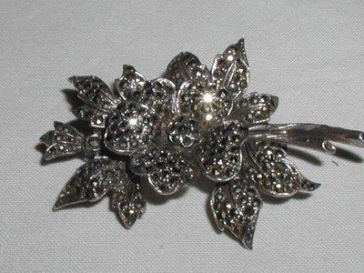 Antique Sterling Silver Marcasite Brooch Pin 