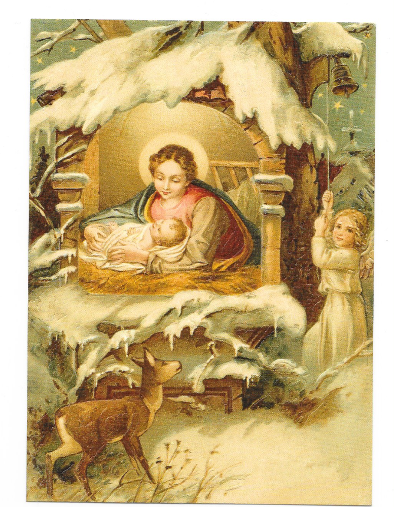 Antique Style Post Card Christmas Tree Angels Snow Scene