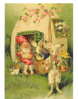 4 Antique Style Post Card Easter Egg Rabbit Bunny Gnomes